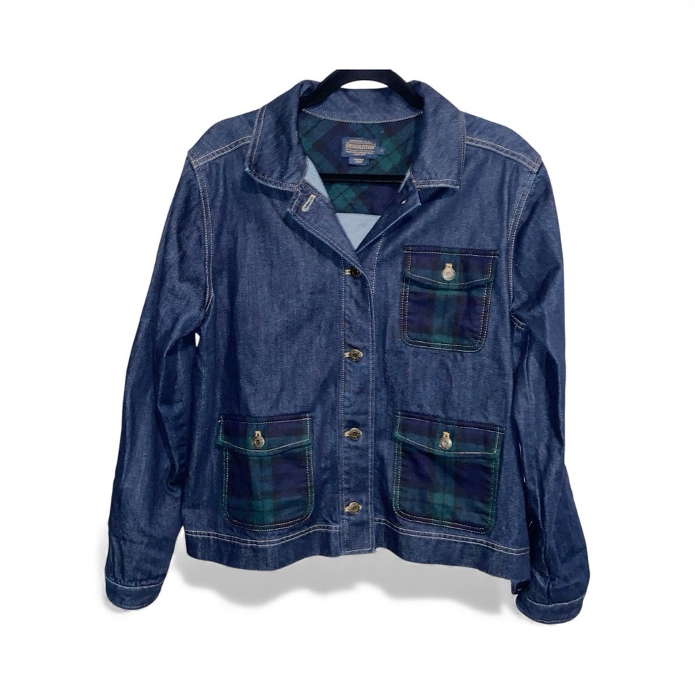 Pendleton Jacket Womens Large Denim Trucker Wool Plaid Patchwork Pockets Western